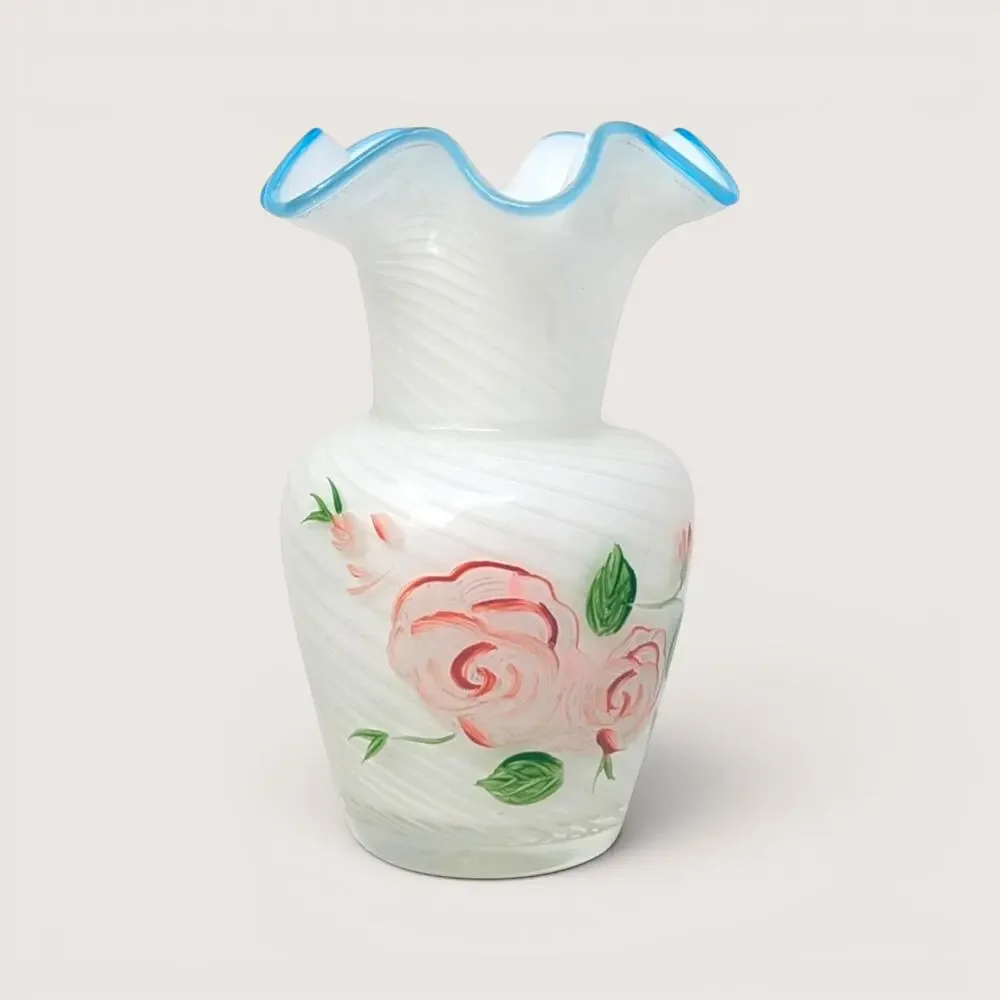 1970s Fenton White Swirl Glass Painted Rose Vase